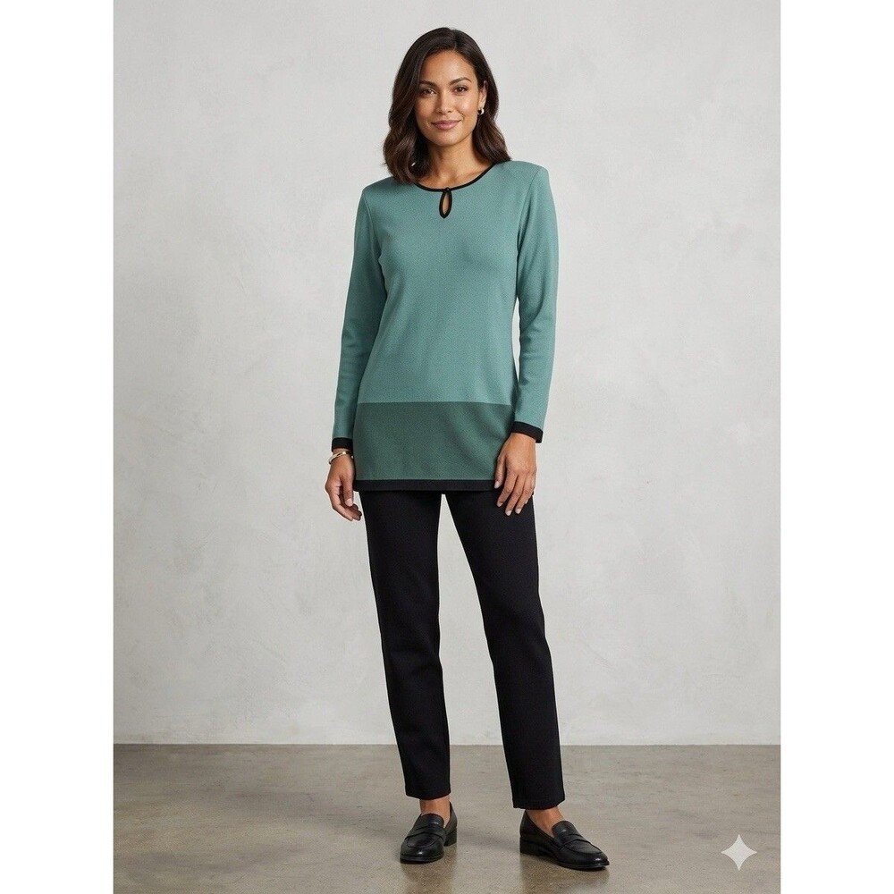 Misook Teal Two-Tone Keyhole Long-Sleeve Tunic Size M 100% Acrylic